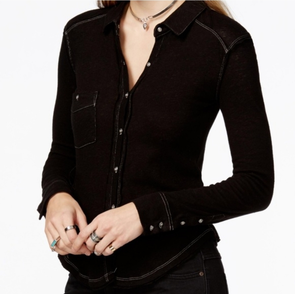 Free People Navy Blue Button-Down Shirt - Picture 2 of 16